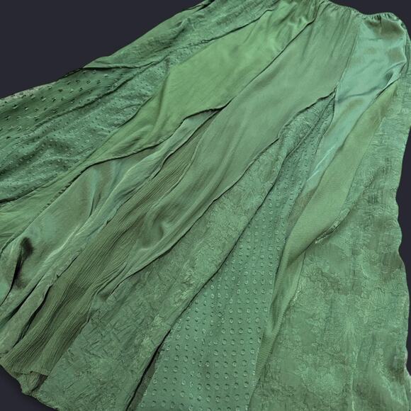Monsoon Forest Green Pleated Patchwork Silk Blend Fairycore Maxi Skirt 6/S - Picture 7 of 8